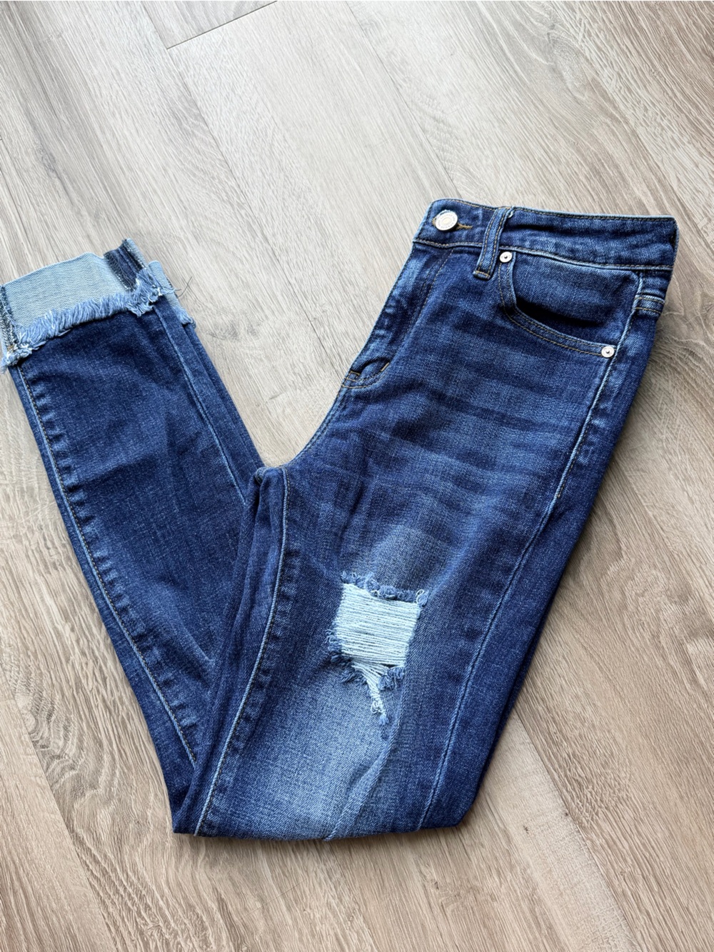 KanCan Dark Blue Slim Straight Cuffed Distressed Jeans